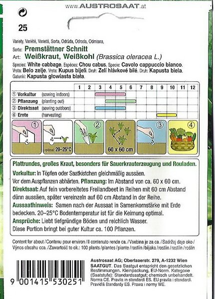 Weißkraut, Weißkohl Premstättner Schnitt (spät)